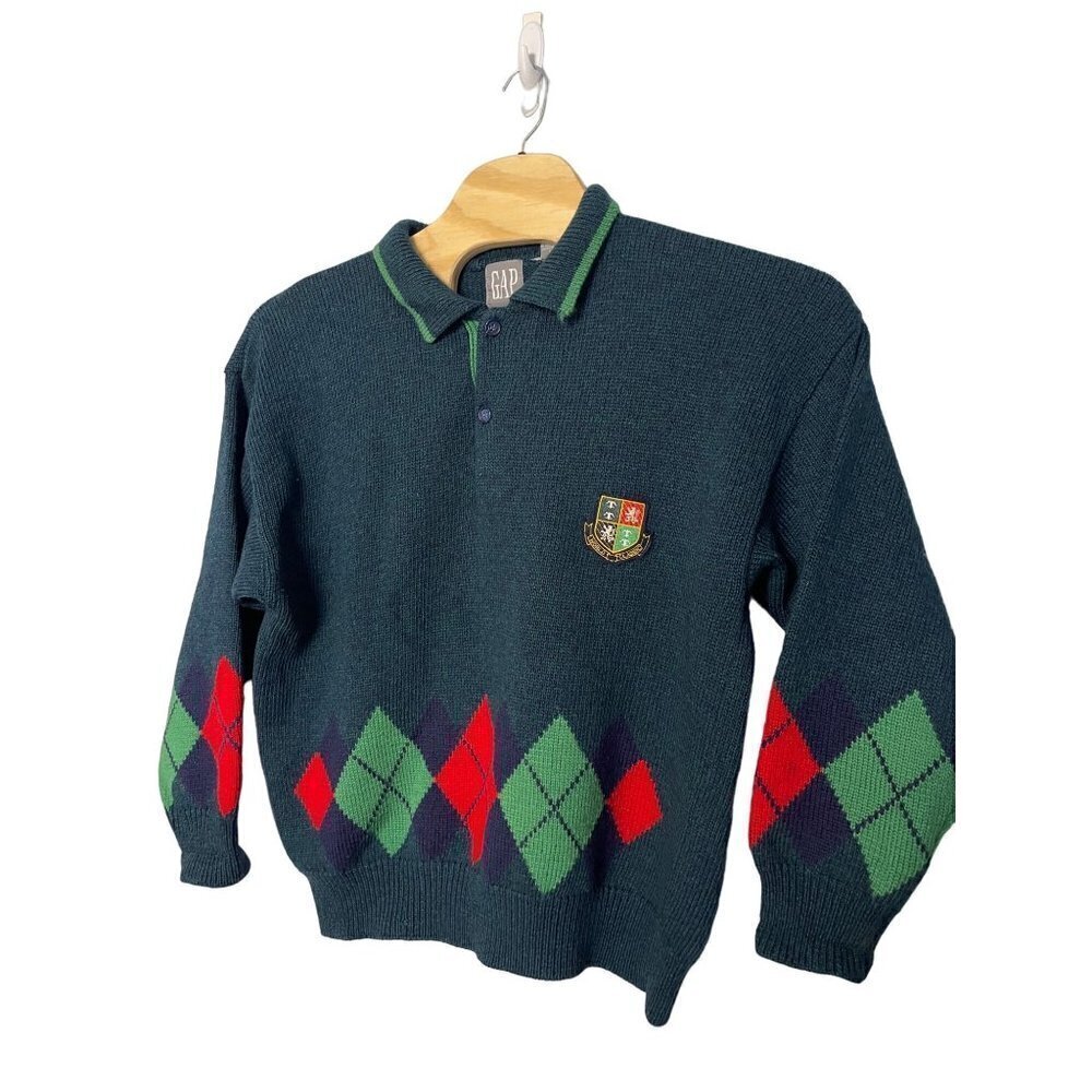 Vintage Gap Sweater Mens L Green Argyle 100% Wool World Classic Collared Preppy